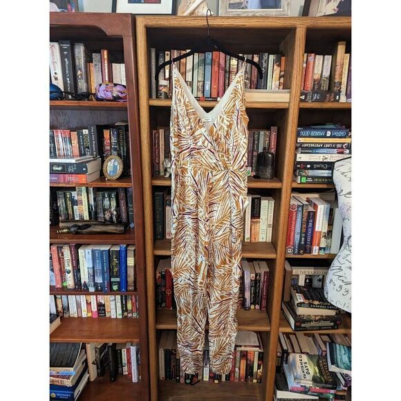 Mango silk bamboo pattern spaghetti strap jumpsuit sz xs brown and orange euc - Picture 2 of 6